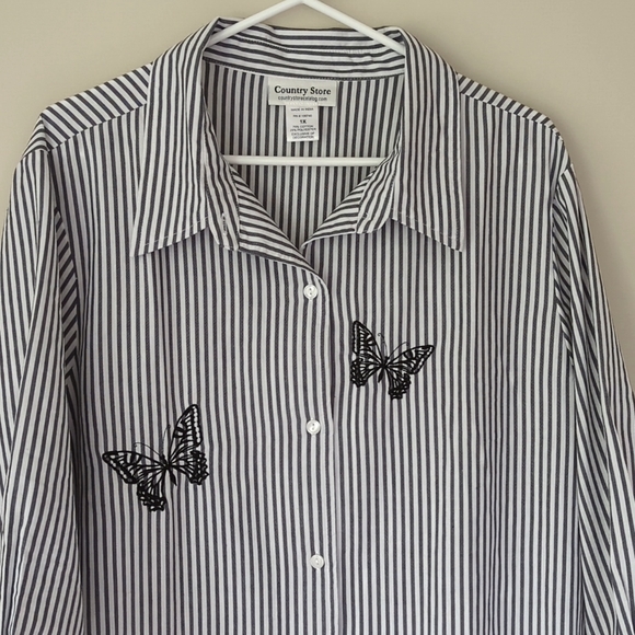 Country Store Striped Embroidered Butterfly Button Down Blouse 1X Gray White - Picture 5 of 16